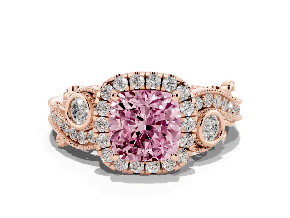Fancy Pink Cushion Cut Diamond Halo Ring with Milgrain Pavé Band and Four-Prong Setting Rose gold