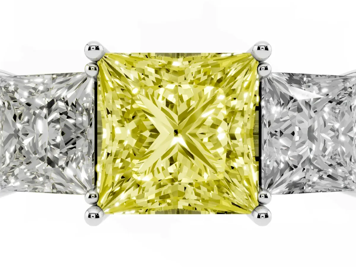 Fancy Yellow Three-Stone Princess Cut Cut Diamond Engagement Ring with Prong Setting on a White Gold Band White gold