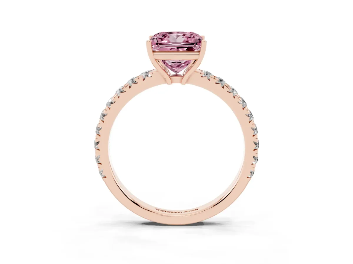Fancy Pink Princess Cut Diamond Pavé Solitaire Engagement Ring with Four-Prong Setting Rose gold