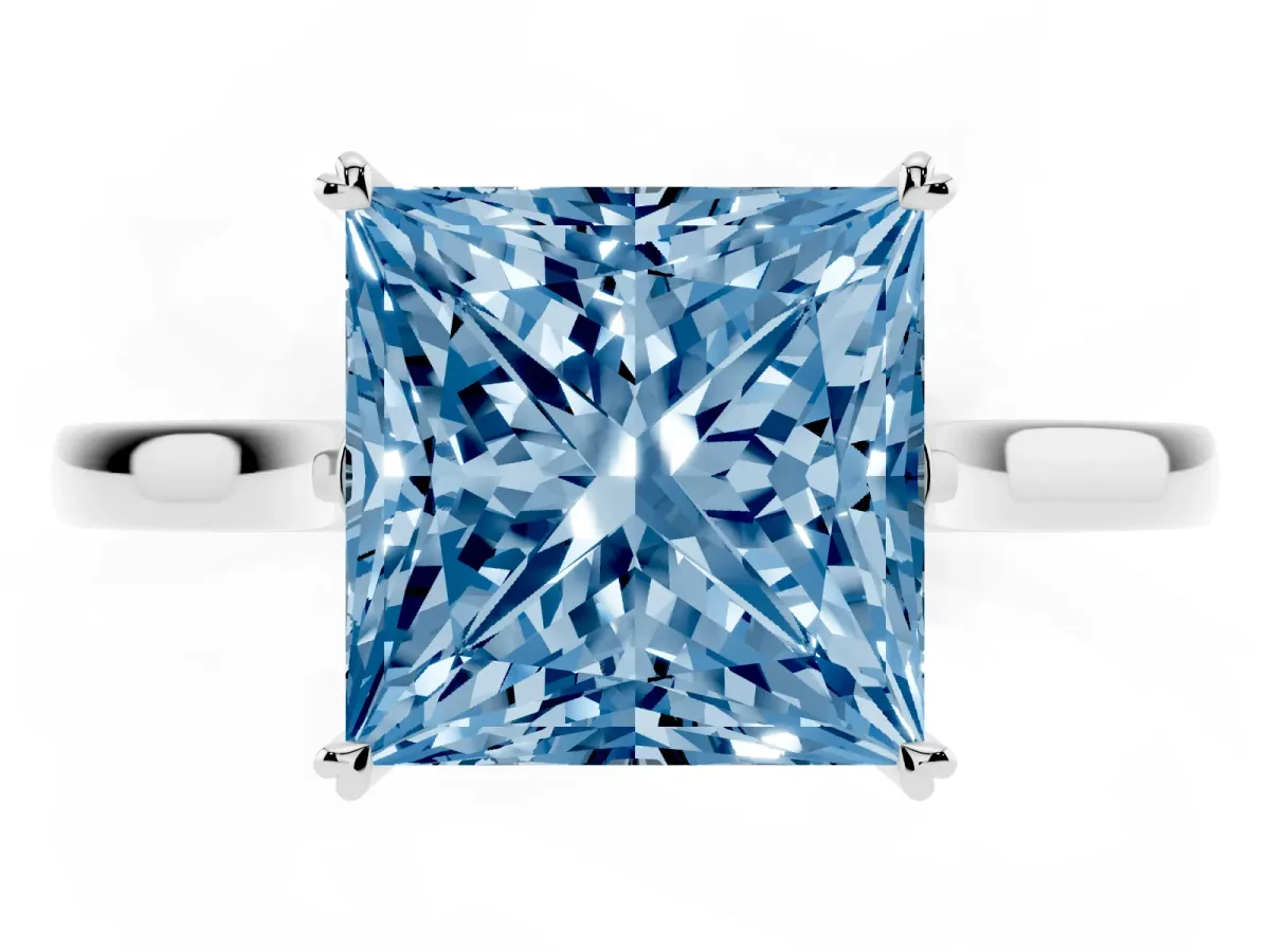 Fancy Blue Princess Cut Solitaire Heart Prong Engagement Ring with Tapered Band White gold