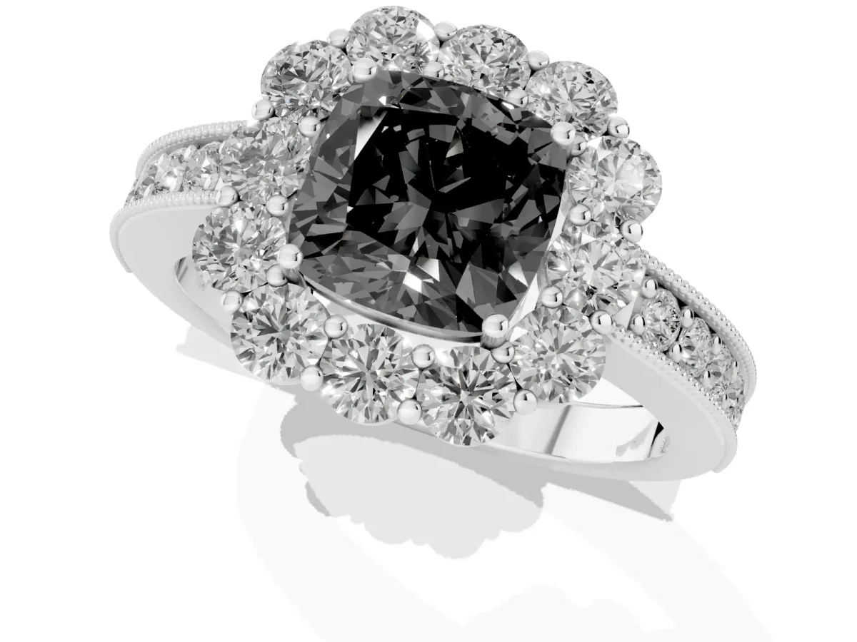 Fancy Black Cushion Cut Cut Halo Diamond Pavé Engagement Ring with Milgrain Detailing Platinum