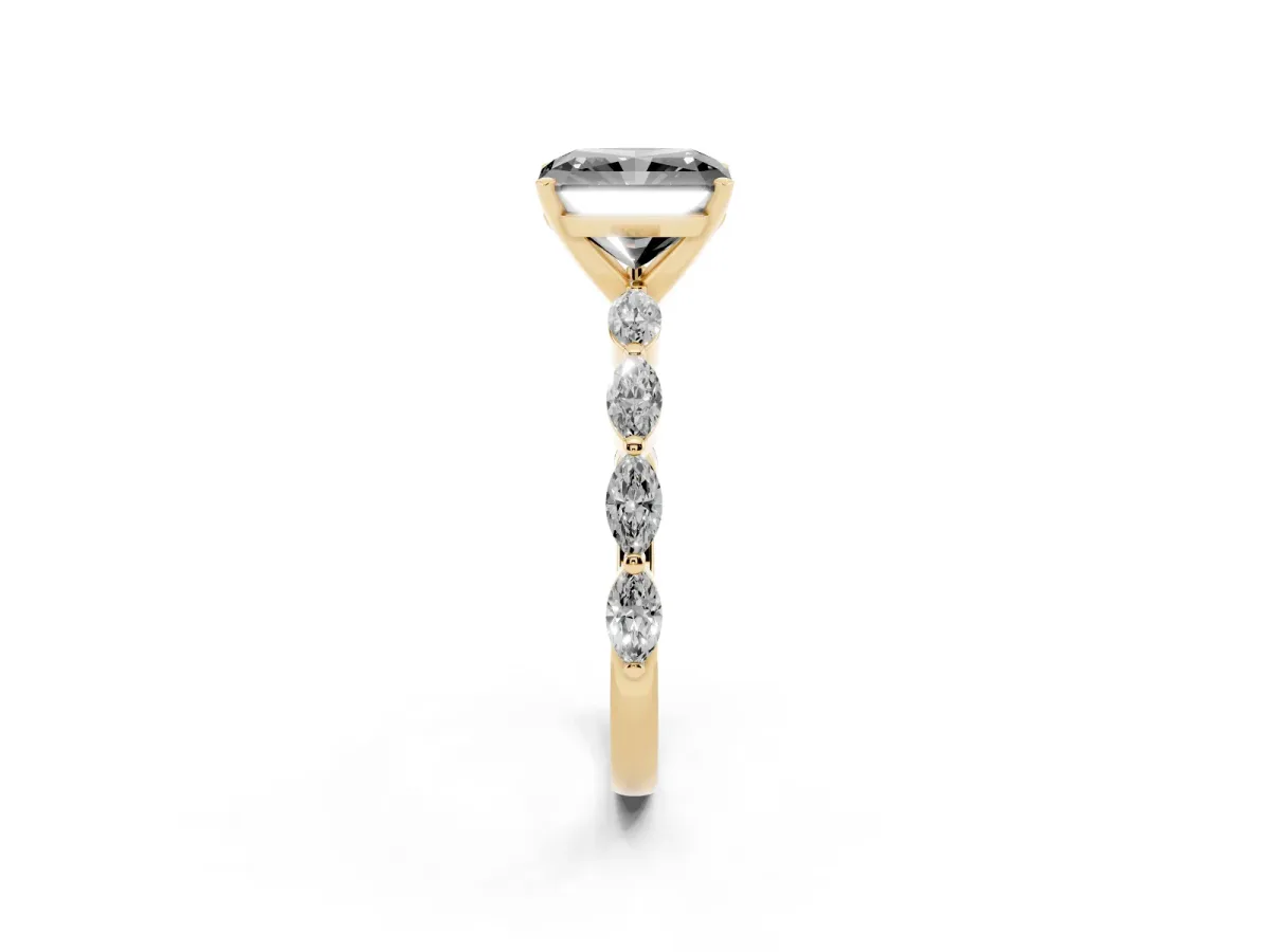 Fancy Black Radiant Cut Diamond Ring with Marquise Side Stones and Prong Setting Yellow gold