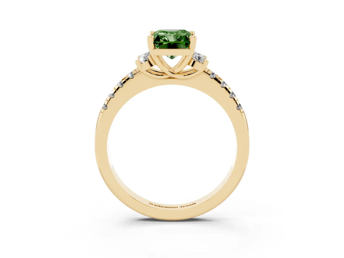 Fancy Green Radiant Cut Diamond Three-Stone Pave Band with Four-Prong Setting Yellow gold
