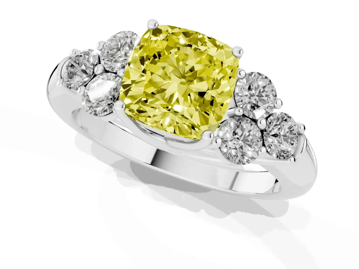 Fancy Yellow Cushion Cut Cut Diamond Cluster Ring with Round Accent Stones and Prong Setting on a Classic Band White gold