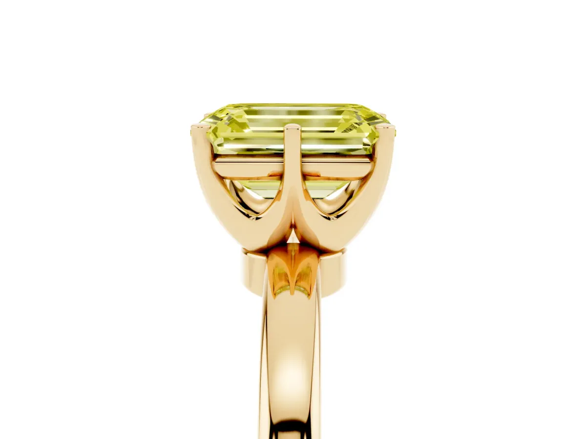 Fancy Yellow Emerald Cut Solitaire Diamond Ring with Six-Prong Setting on a Classic Band Yellow gold