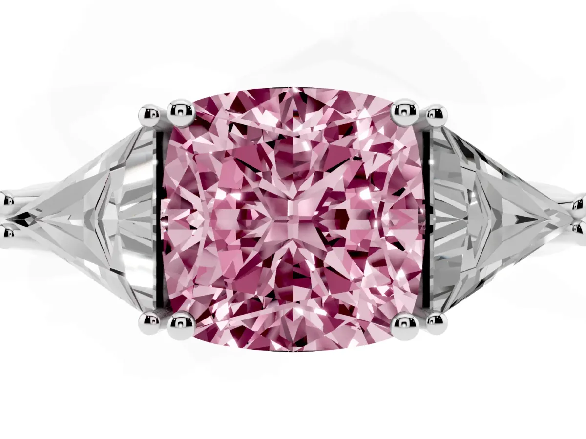 Fancy Pink Three-Stone Cushion Cut Diamond Engagement Ring with Trillion Side Stones and Prong Setting Silver