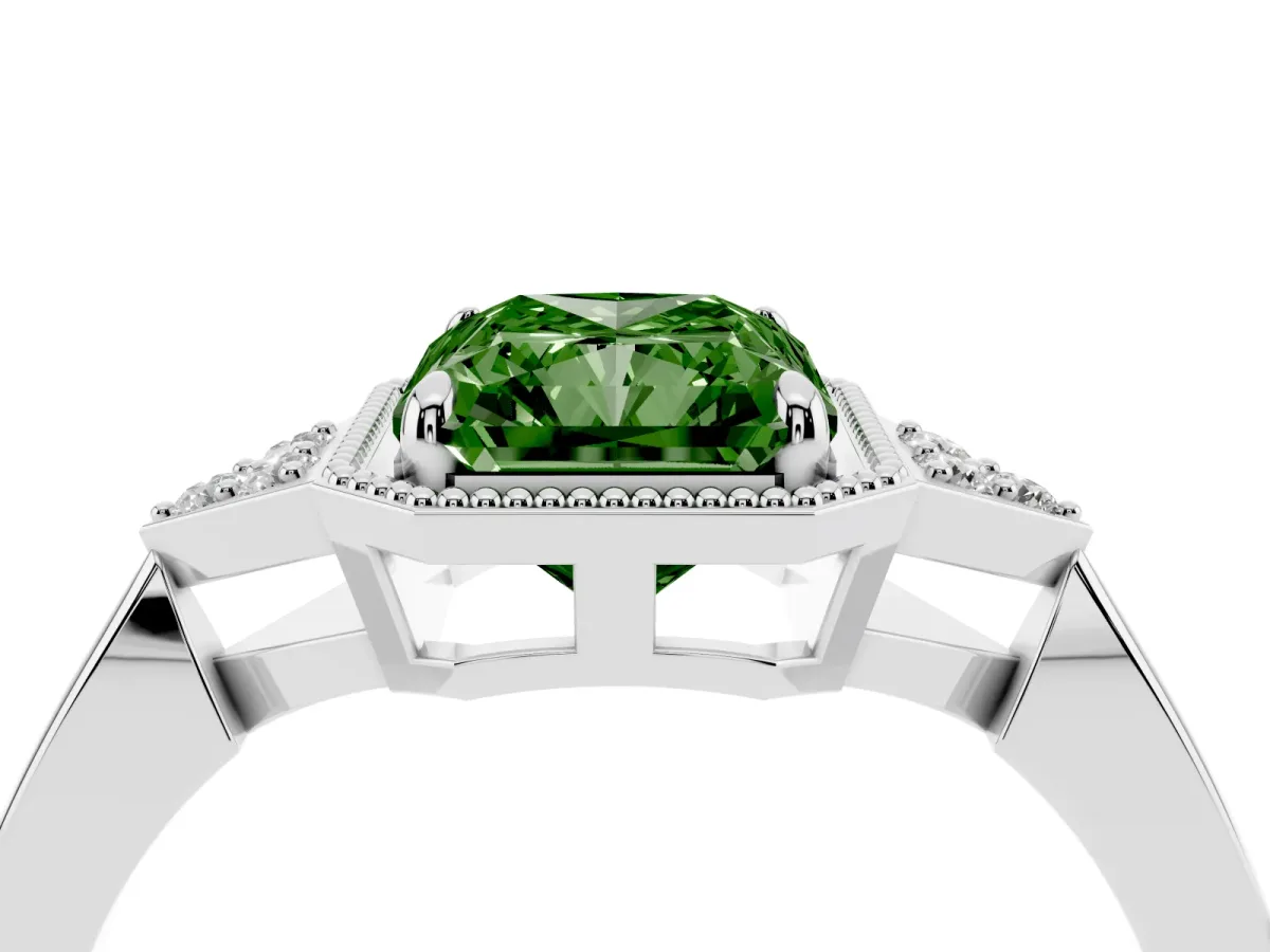 Fancy Green Hexagonal Halo Radiant Cut Diamond Solitaire with Pavé Band and Four-Prong Setting Platinum