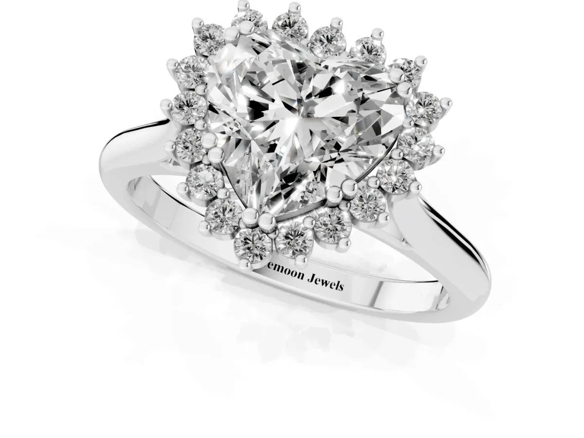 Heart Cut Cut Diamond Halo Ring with Solitaire Band and Prong Setting Silver
