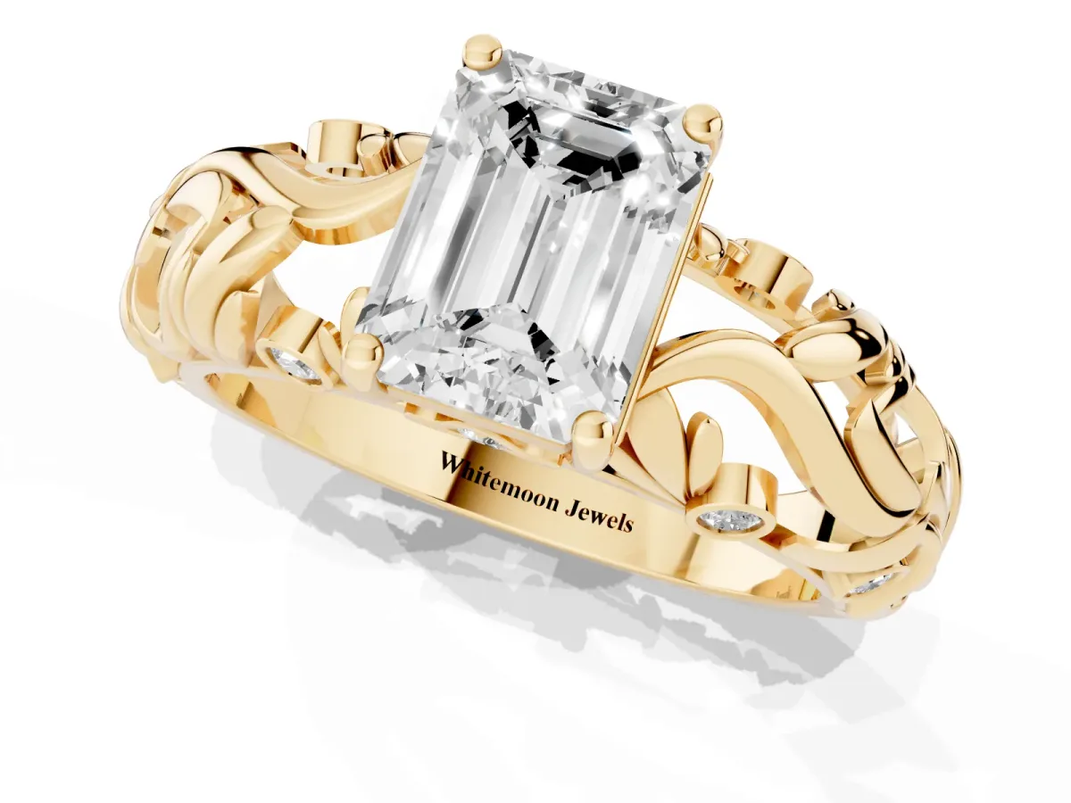 Emerald Cut Solitaire Diamond Leaf-Inspired Vine Band Ring with Prong Setting Yellow gold