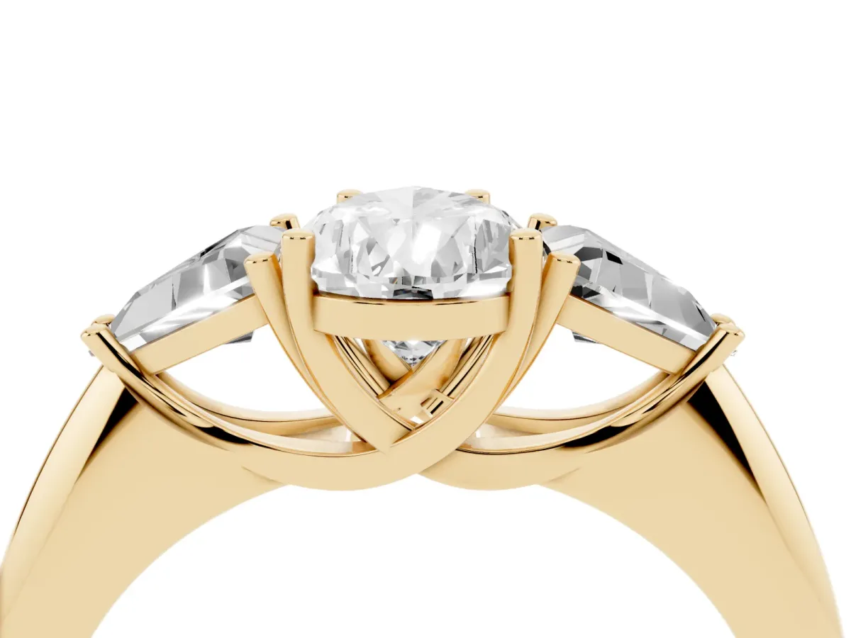 Three-Stone Pear Cut Diamond Engagement Ring with Trillion Side Stones and Prong Setting Yellow gold