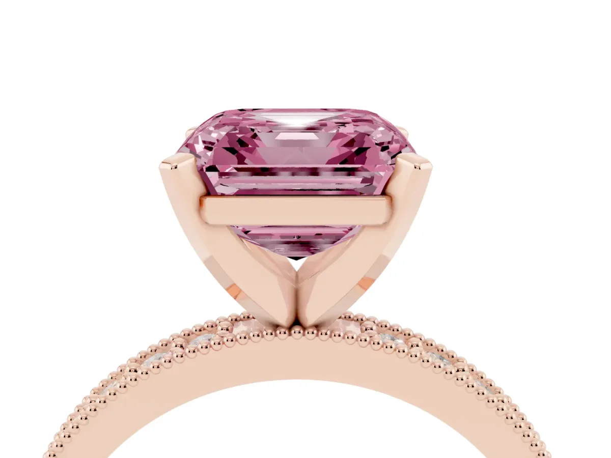 Fancy Pink Asscher Cut Diamond Milgrain Pavé Engagement Ring with Four-Prong Setting Rose gold