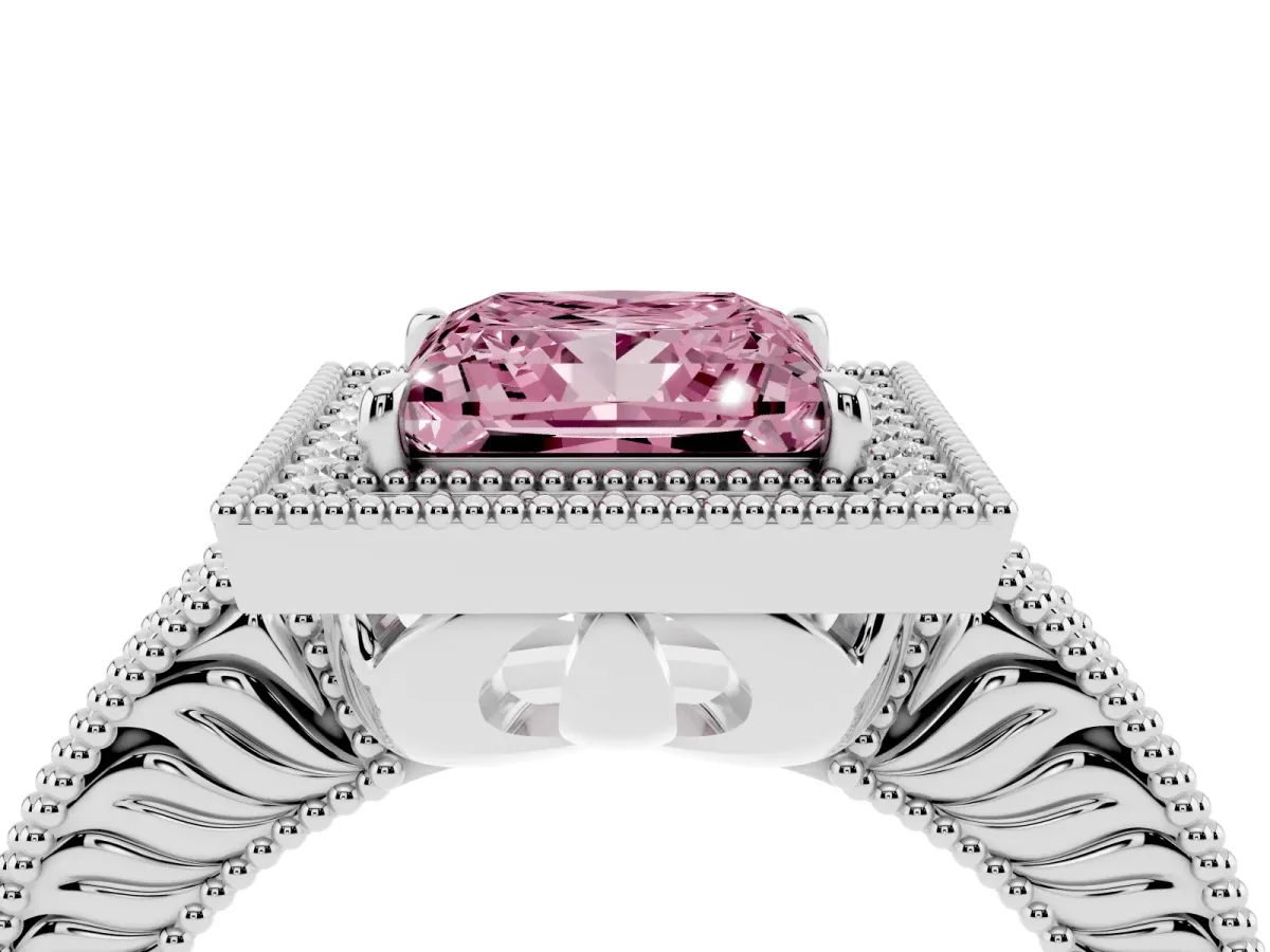Fancy Pink Princess Cut Cut Halo Diamond Ring with Pavé Band and Four-Prong Setting White gold