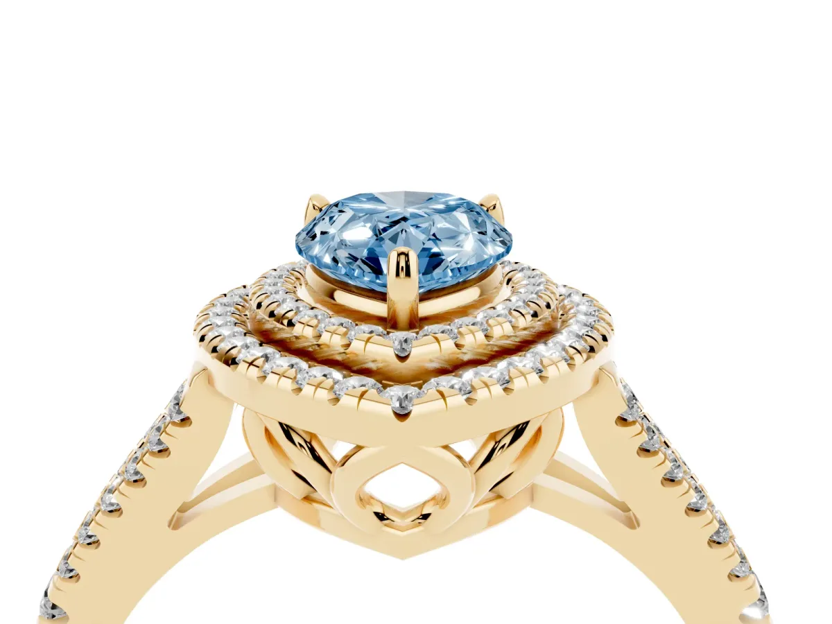 Fancy Blue Pear Cut Diamond Double Halo Ring with Pavé Band and Prong Setting Yellow gold