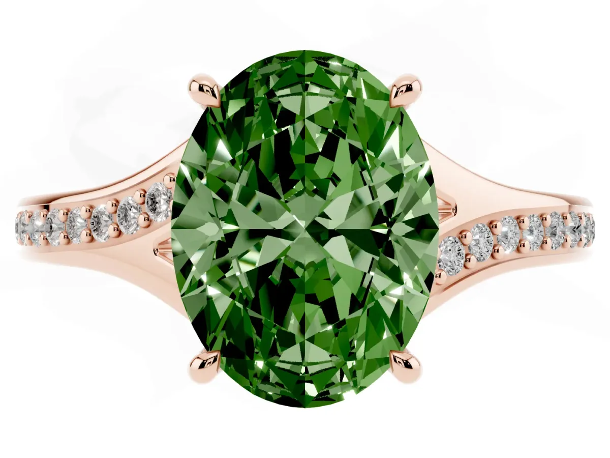 Fancy Green Oval Cut Diamond Solitaire Ring with Pavé Band and Prong Setting Rose gold