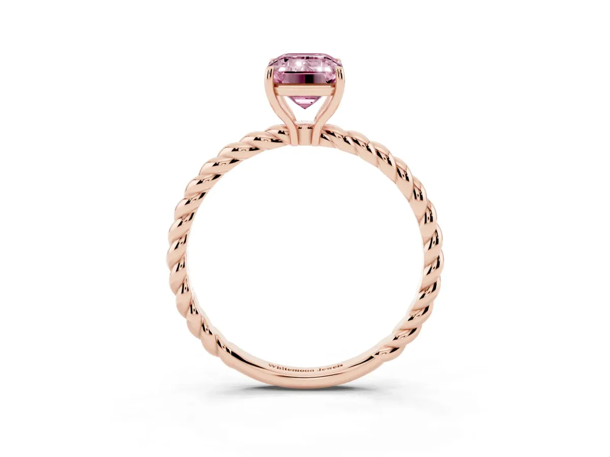 Fancy Pink Emerald Cut Solitaire Twist Band Ring with Four-Prong Setting Rose gold