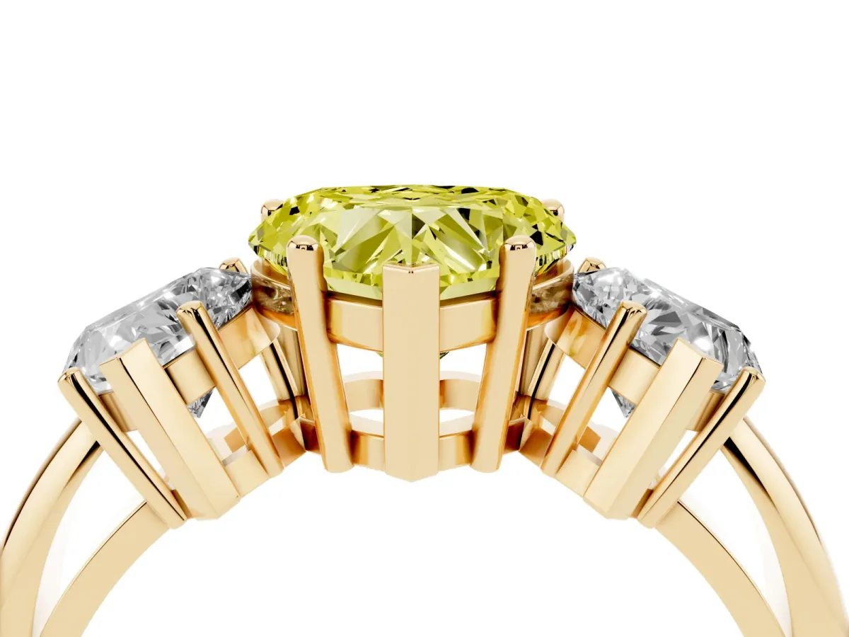 Fancy Yellow Three-Stone Heart Cut Cut Diamond Engagement Ring with Prong Setting on a White Gold Band Yellow gold