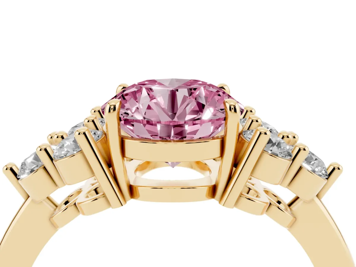 Fancy Pink Round Cut Brilliant Diamond Cluster Accent Solitaire Ring with Prong Setting Yellow gold