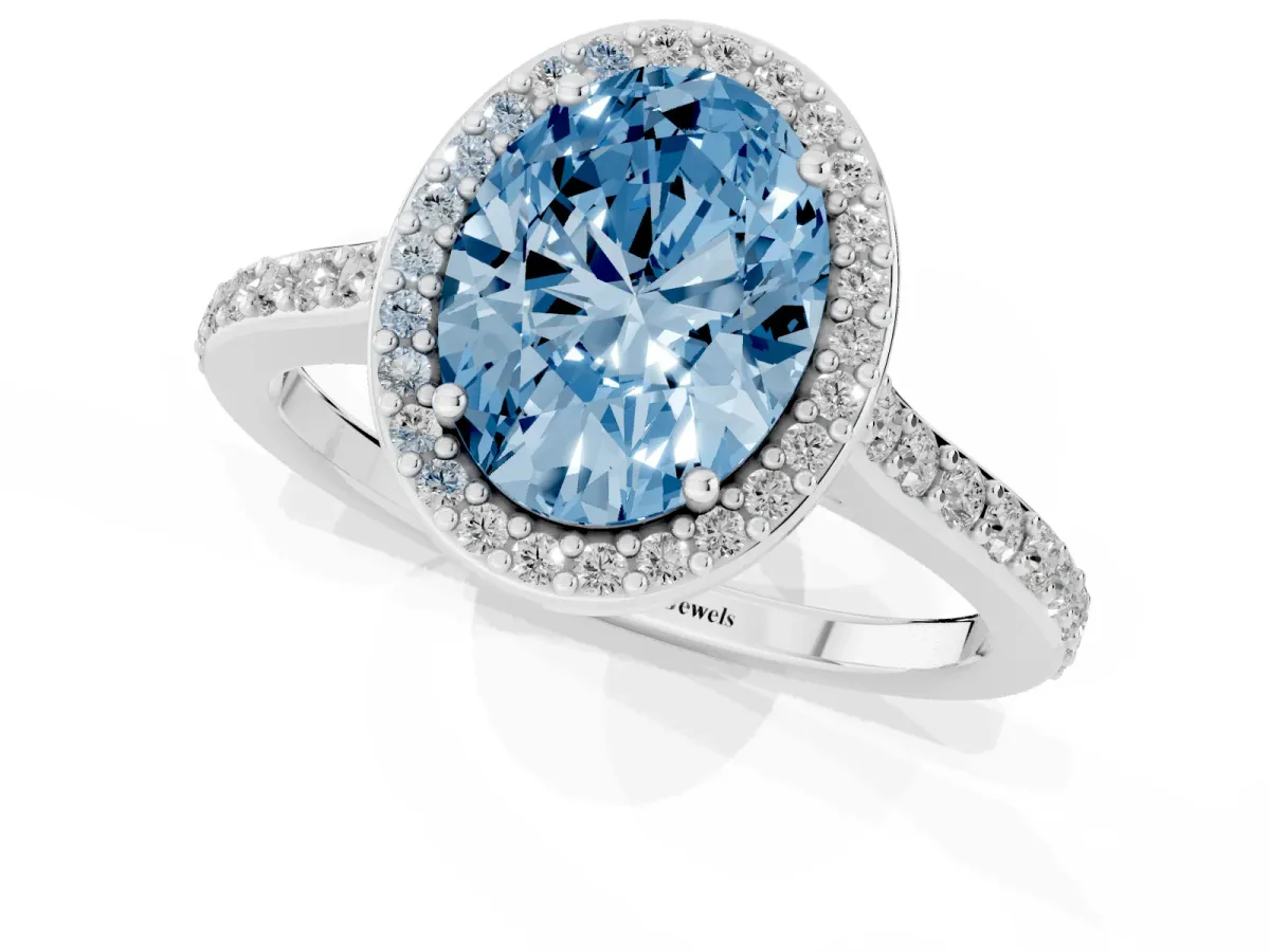 Fancy Blue Oval Cut Diamond Halo Engagement Ring with Round Pavé Shoulders and Prong Setting Platinum