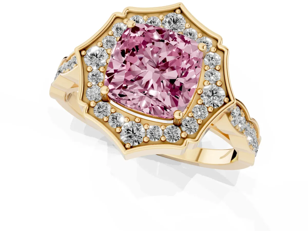 Fancy Pink Cushion Cut Halo Diamond Engagement Ring with Milgrain Band and Four-Prong Setting Yellow gold