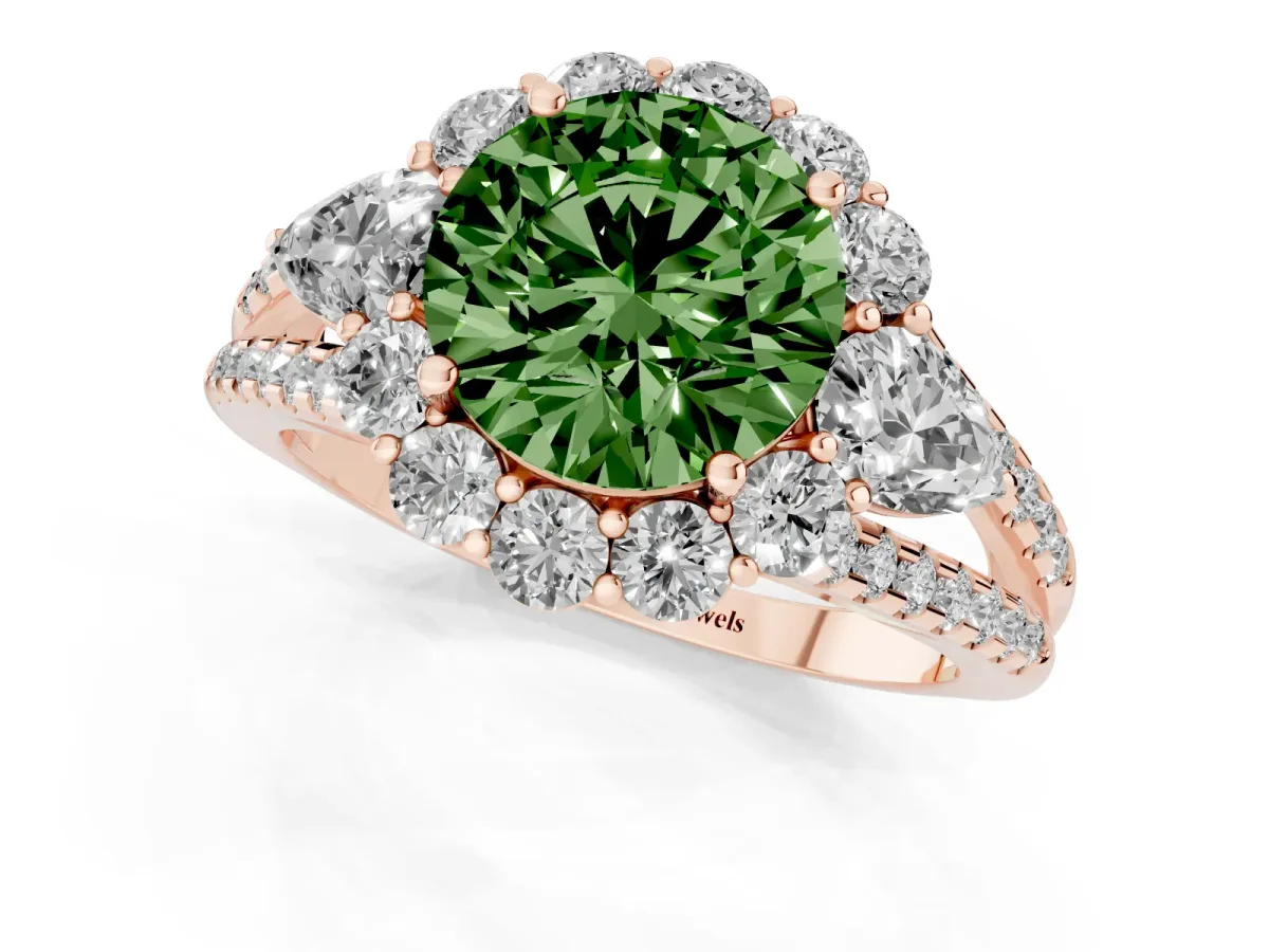 Fancy Green Round Cut Halo Split Shank Diamond Engagement Ring with Prong Setting Rose gold