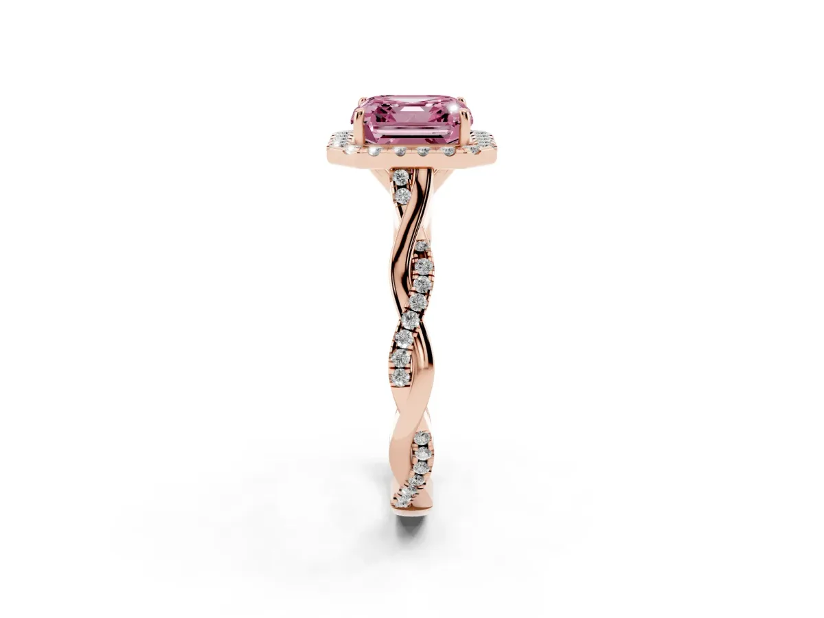 Fancy Pink Asscher Cut Halo Twist Band Solitaire Ring Rose gold