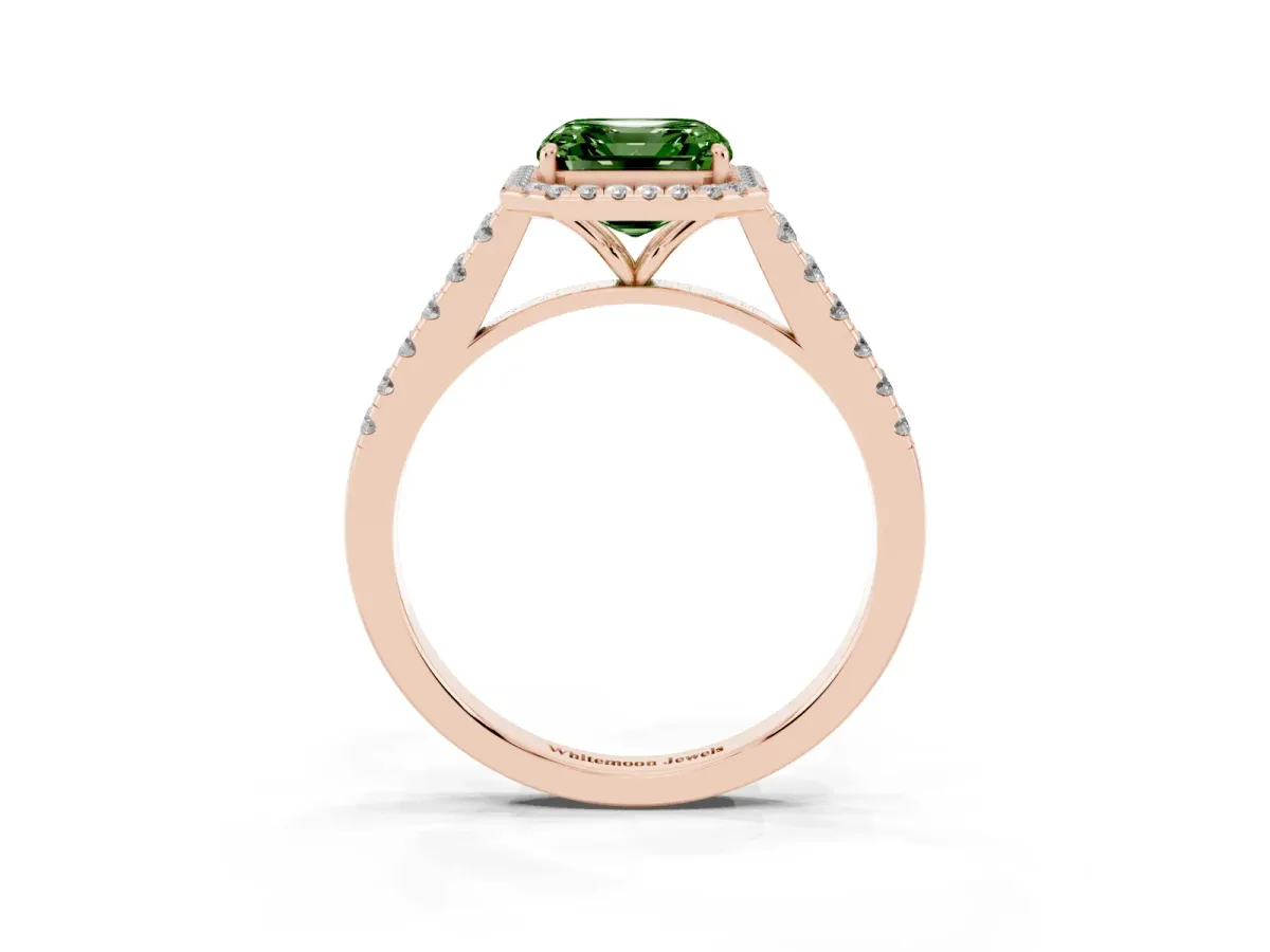 Fancy Green Asscher Cut Halo Pave Diamond Engagement Ring with Four-Prong Setting Rose gold