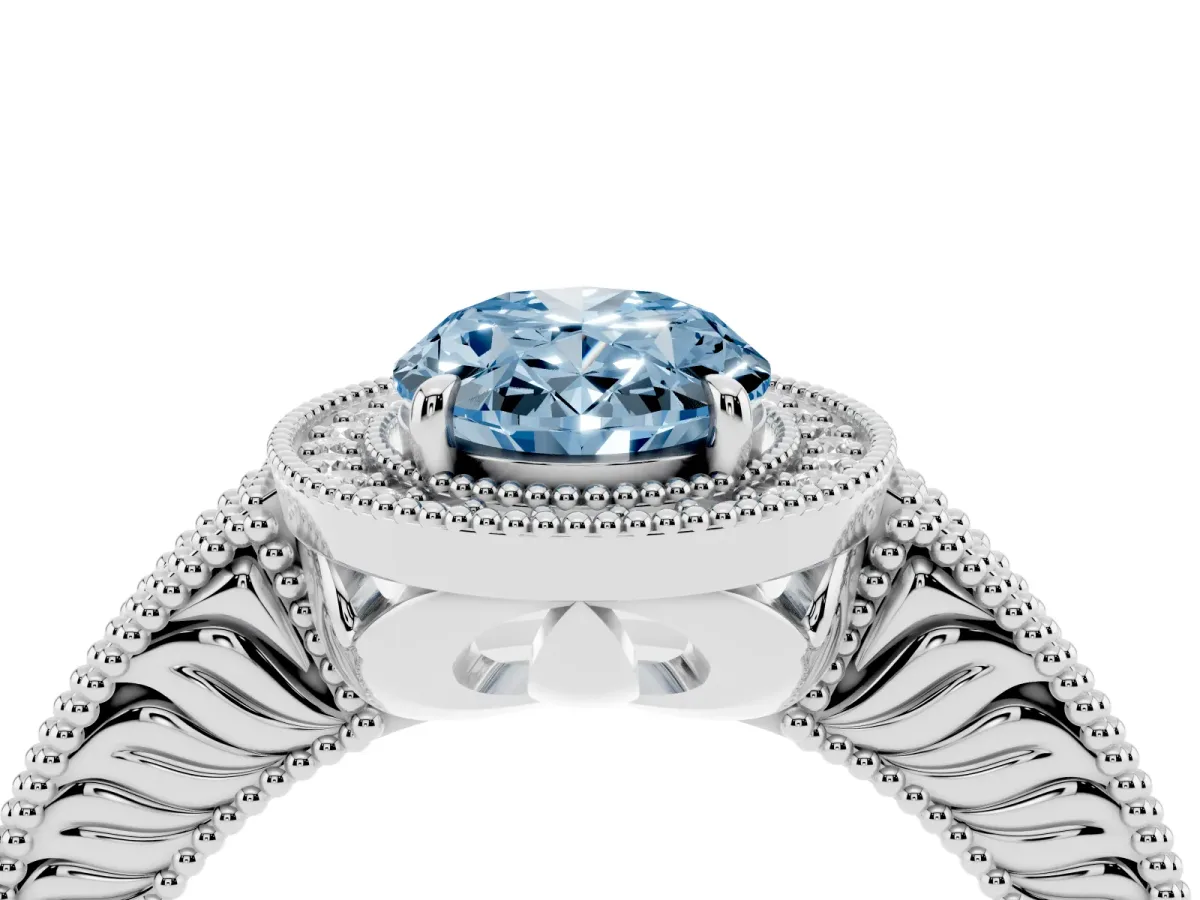 Fancy Blue Oval Cut Cut Halo Diamond Ring with Pavé Band and Four-Prong Setting Platinum