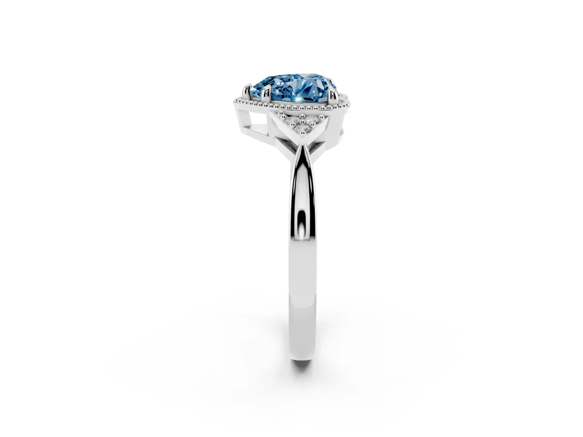 Fancy Blue Heart Cut Diamond Halo Ring with Tapered Band and Four-Prong Setting Platinum