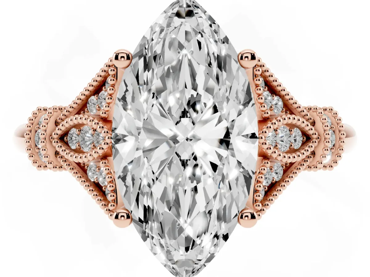 Marquise Cut Diamond Solitaire Ring with Floral Filigree and Pave Accents Rose gold