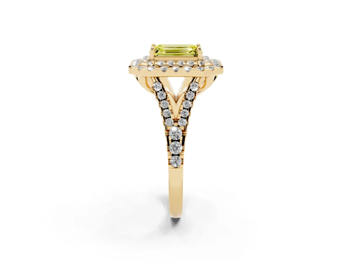 Fancy Yellow Double Halo Emerald Cut Diamond Pavé Split Shank Ring with Prong Setting Yellow gold
