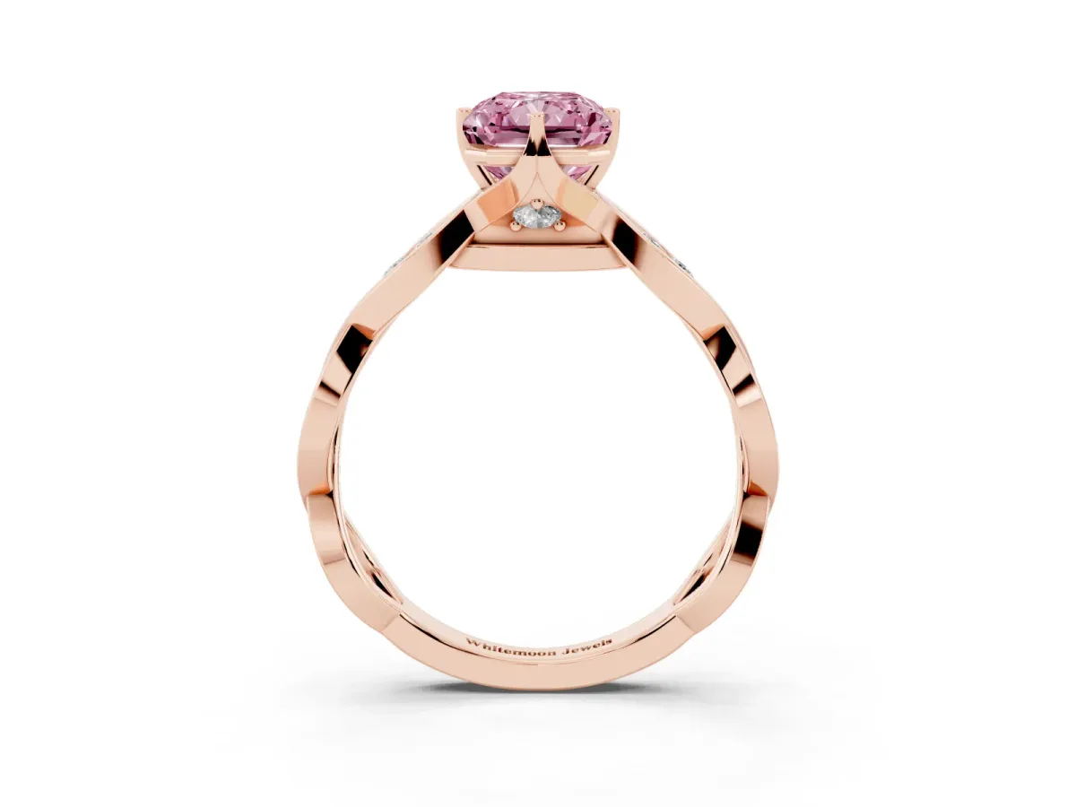 Fancy Pink Radiant Cut Solitaire Twist Band with Leaf Prong Setting Rose gold