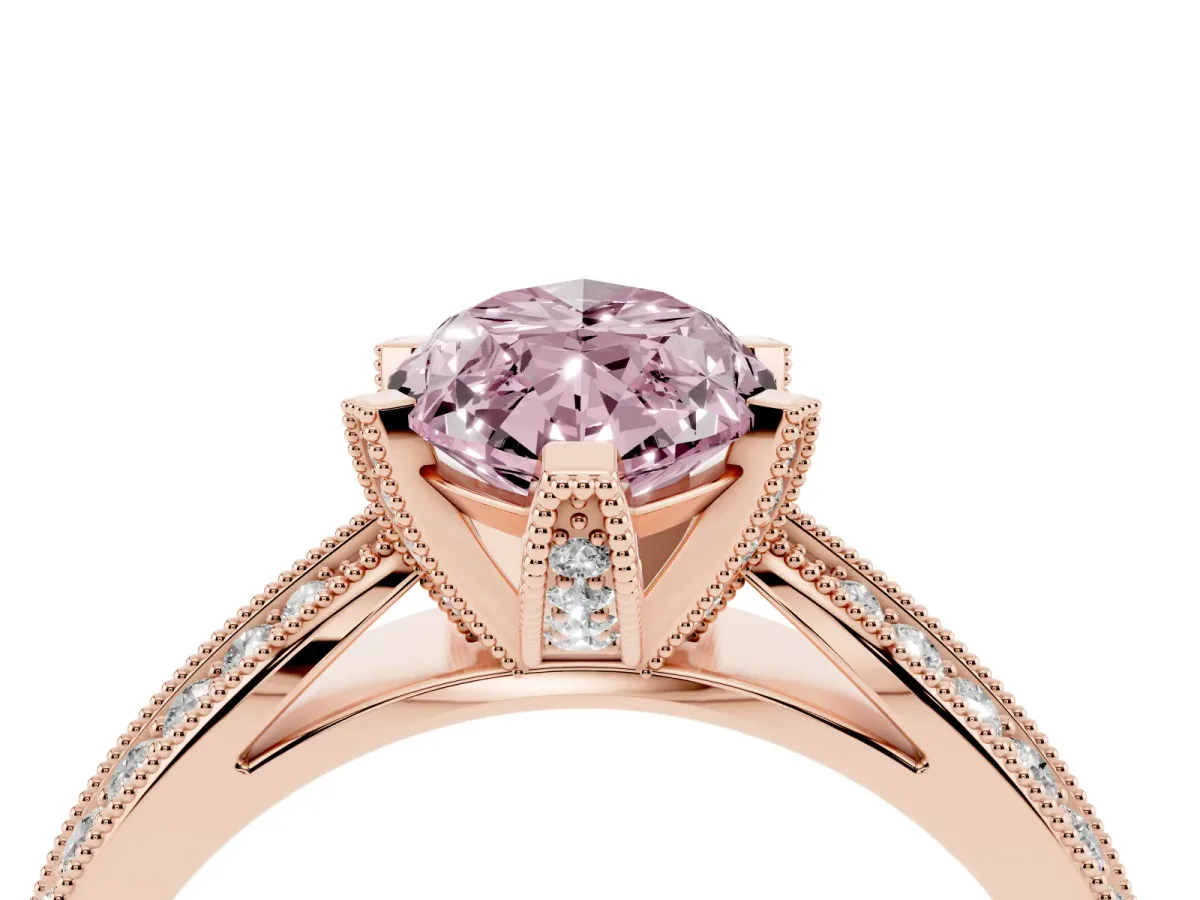 Fancy Pink Marquise Cut Diamond Solitaire Ring with Milgrain Round Pavé Band and Prong Setting Rose gold