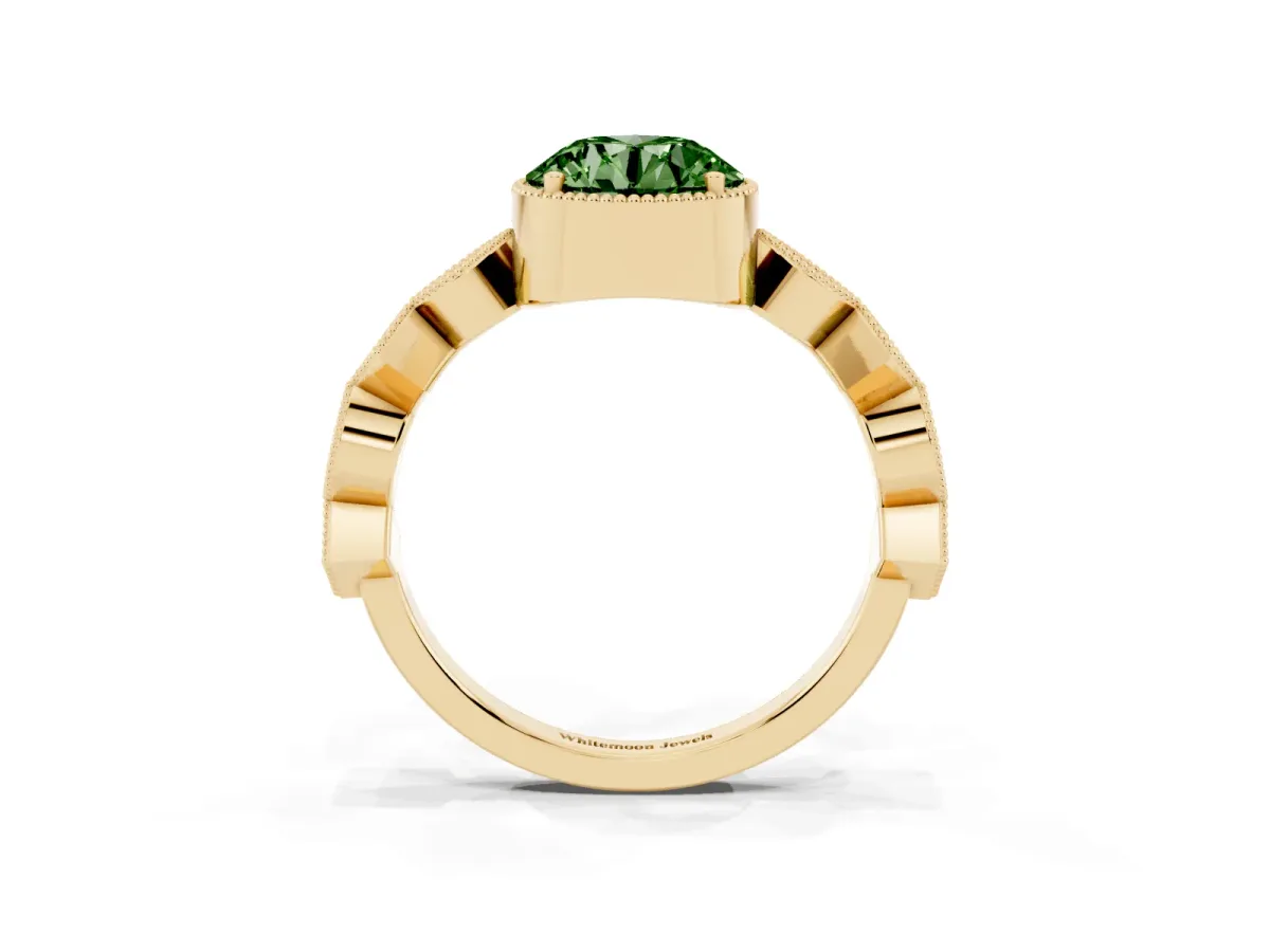 Fancy Green Round Cut Milgrain Marquise Diamond Twist Band Ring Yellow gold