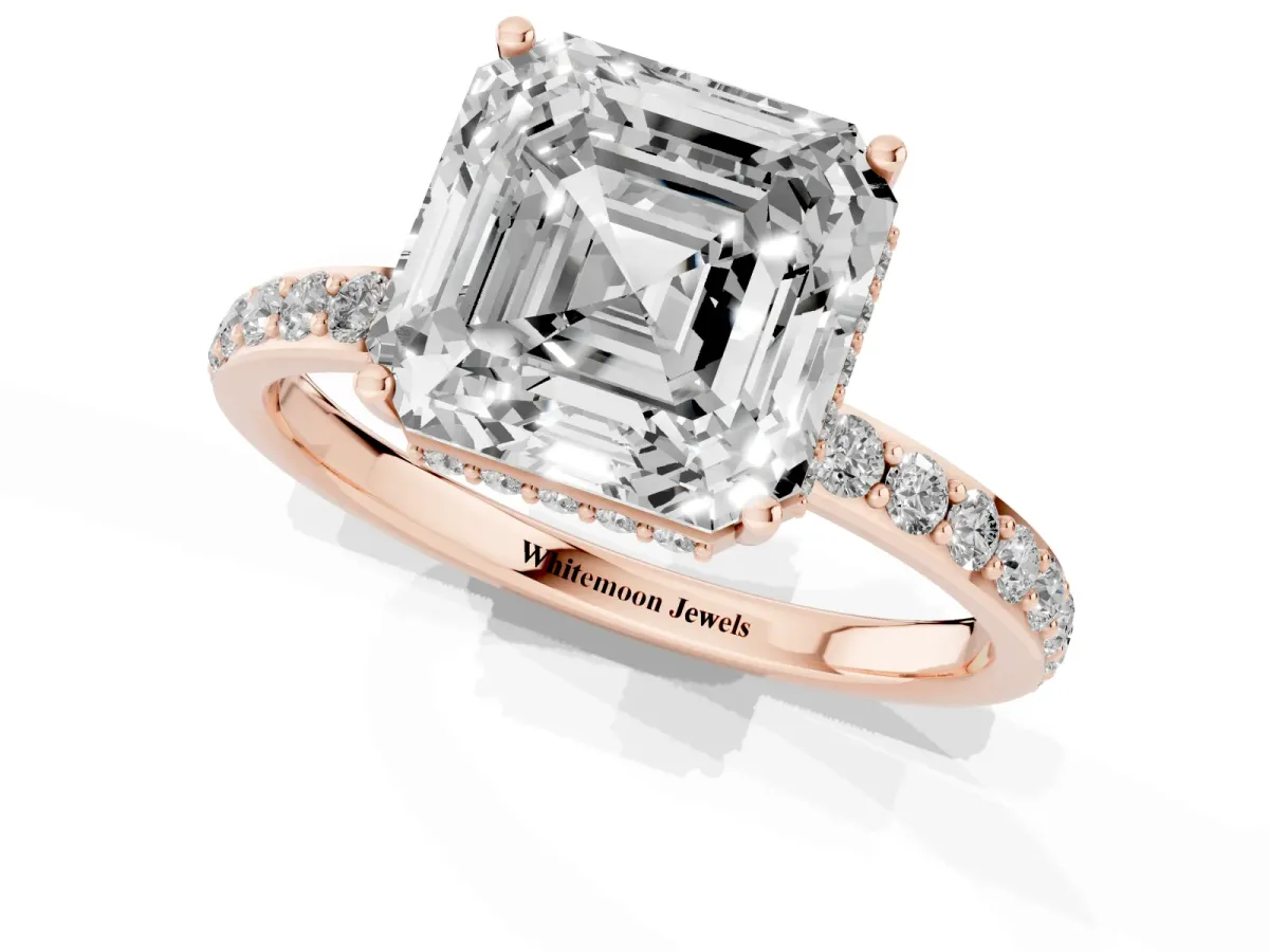 Asscher Cut Diamond Solitaire Ring with Pavé Band and Hidden Halo Rose gold