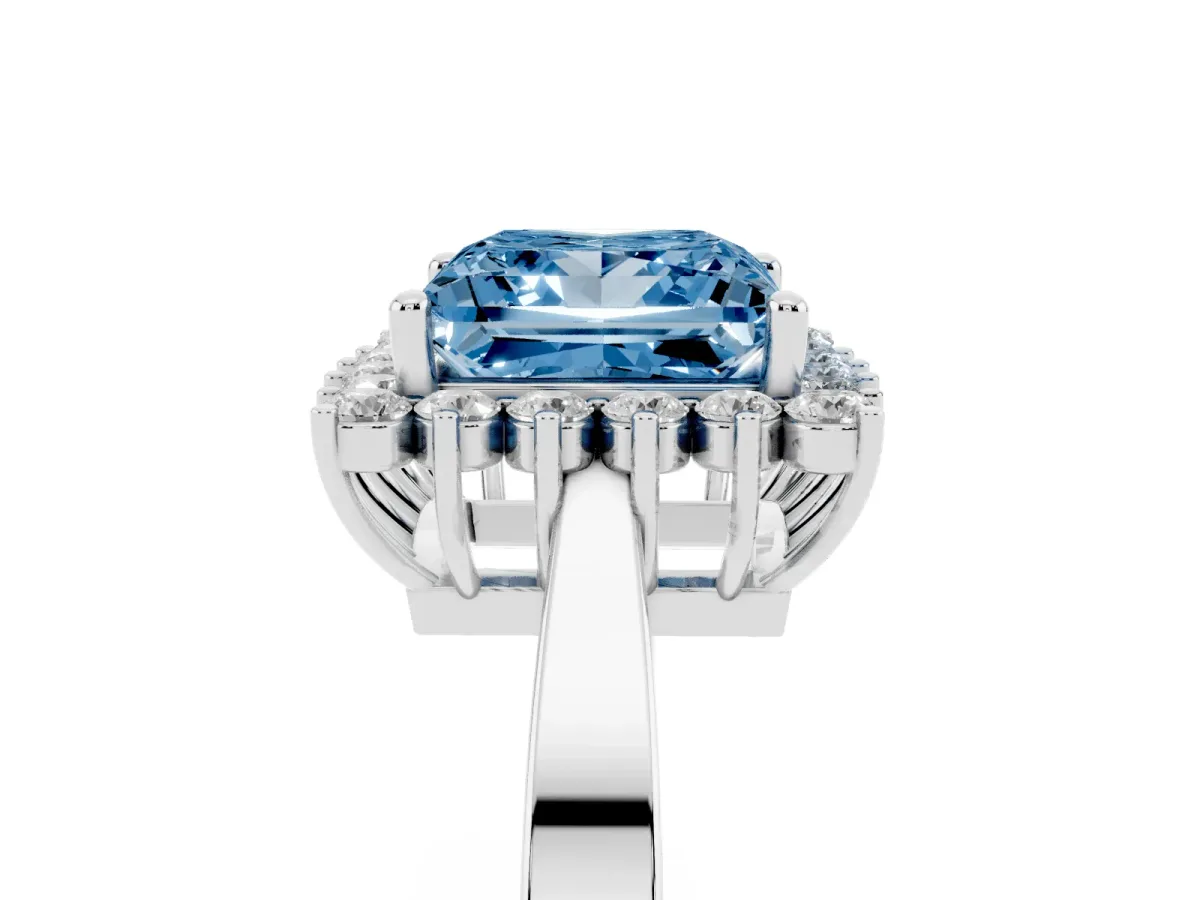 Fancy Blue Princess Cut Cut Diamond Halo Ring with Round Brilliant Halo and Solitaire Band Platinum