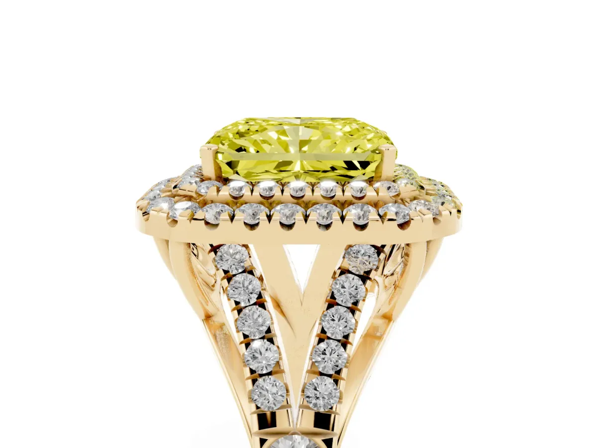 Fancy Yellow Radiant Cut Diamond Pavé Split Shank Double Halo Engagement Ring Yellow gold