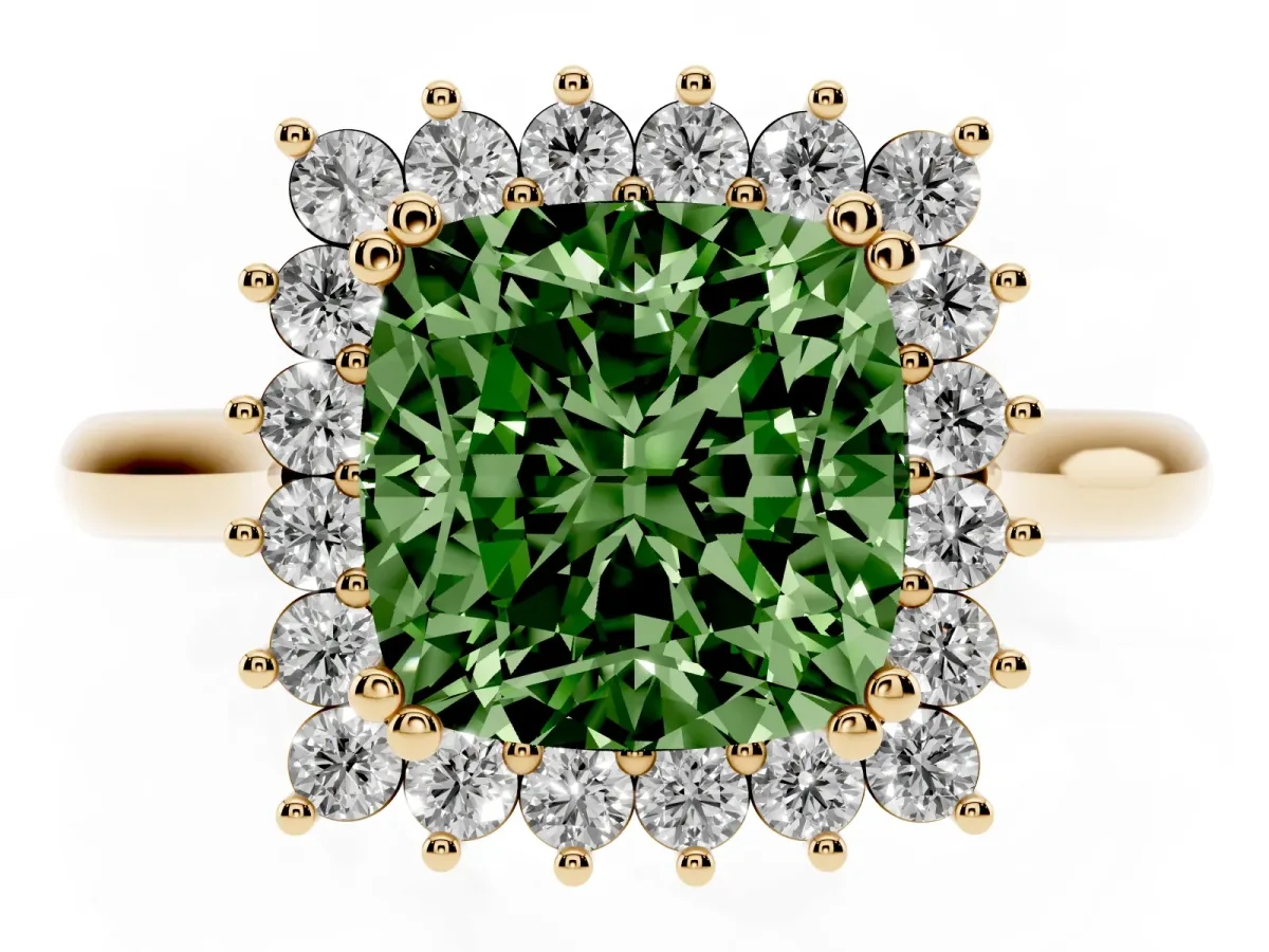 Fancy Green Cushion Cut Cut Diamond Halo Ring with Solitaire Band and Prong Setting Yellow gold