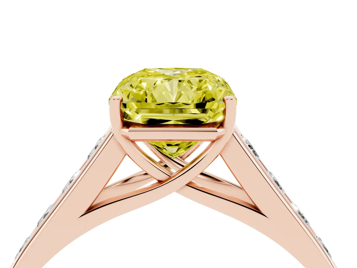 Fancy Yellow Radiant Cut Solitaire Channel-Set Diamond Engagement Ring with Four-Prong Setting Rose gold