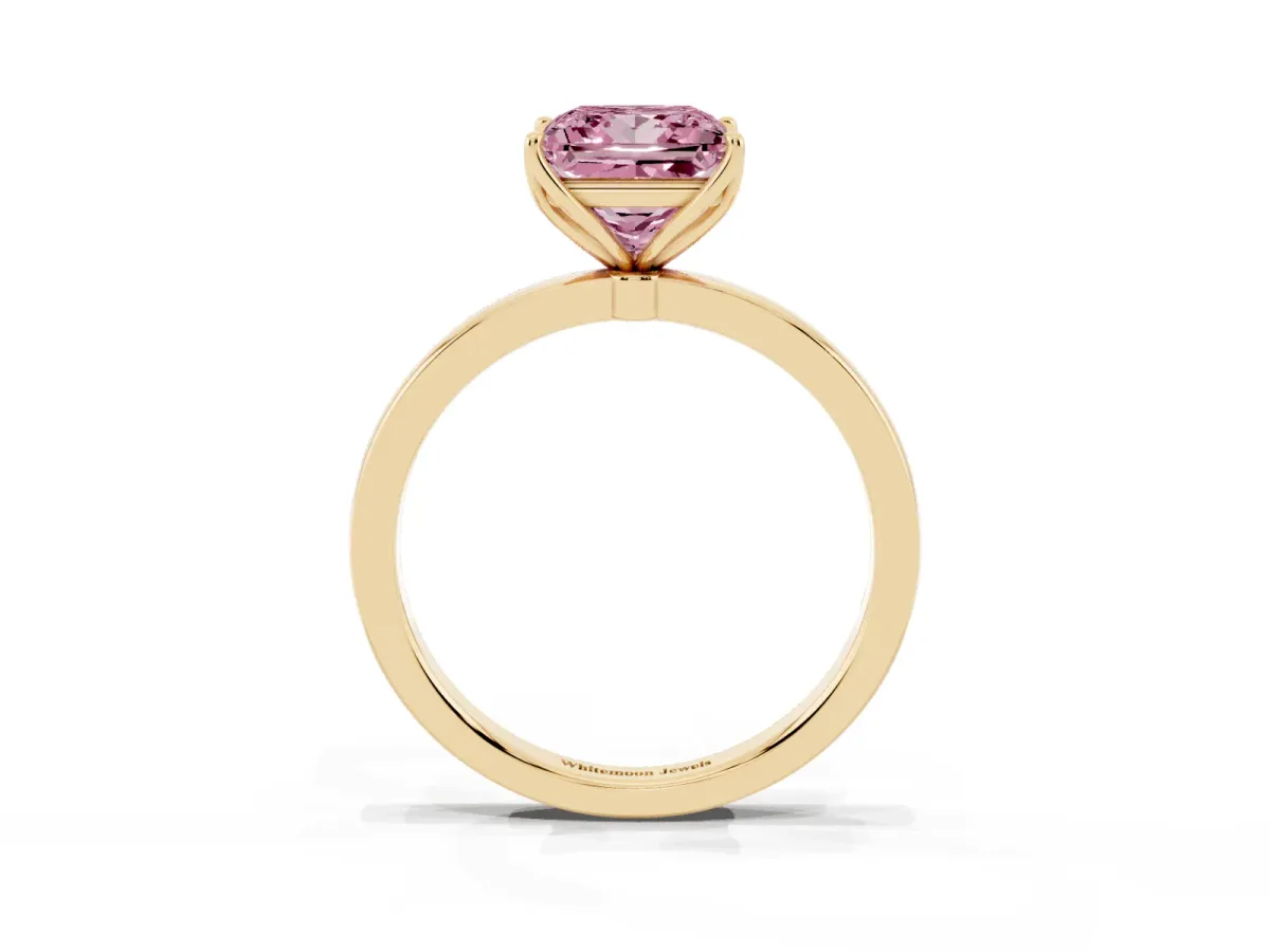 Fancy Pink Princess Cut Diamond Solitaire Ring with Thin Band and Prong Setting Yellow gold