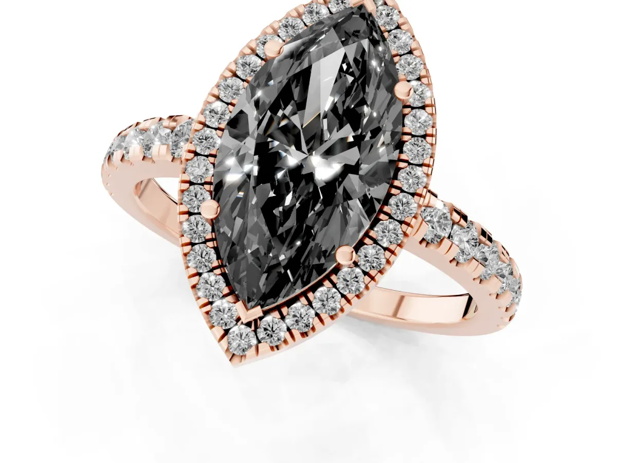 Fancy Black Marquise Cut Diamond Halo Ring with Pavé Band and Four-Prong Setting Rose gold