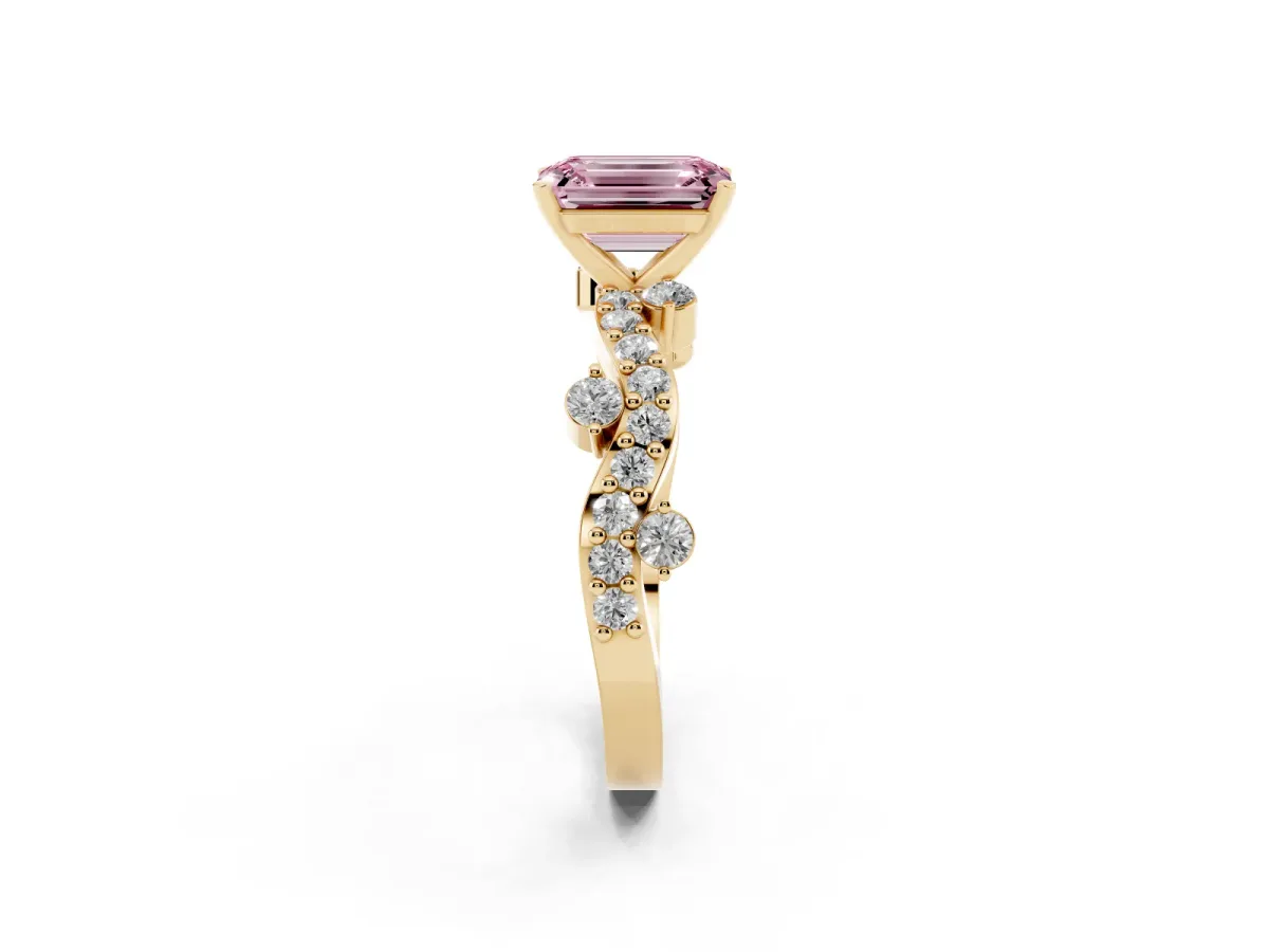 Fancy Pink Emerald Cut Cut Solitaire Diamond Twisted Band with Pave Setting Yellow gold