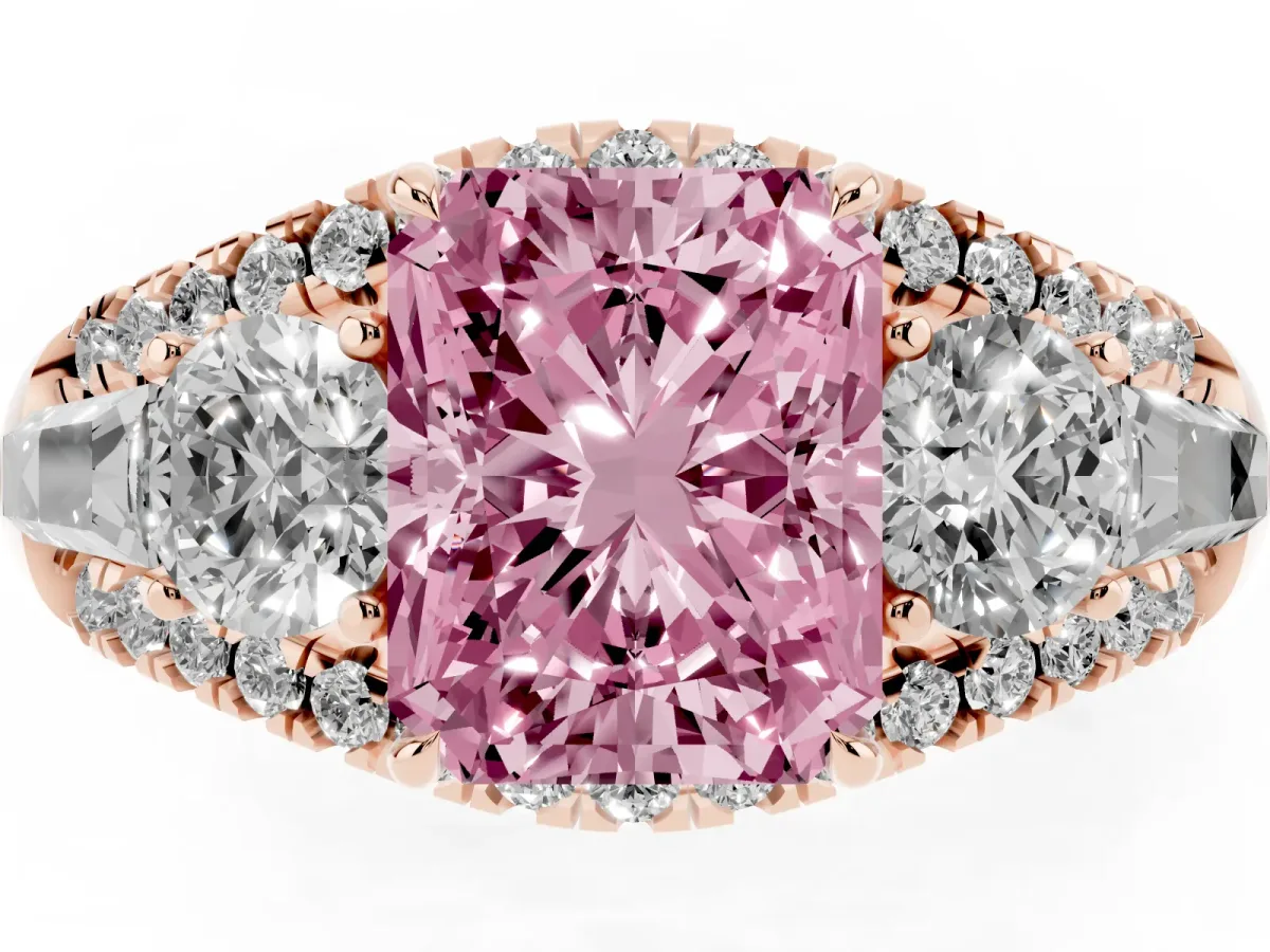Fancy Pink Three-Stone Radiant Cut Diamond Engagement Ring with Pave Band and Prong Setting Rose gold