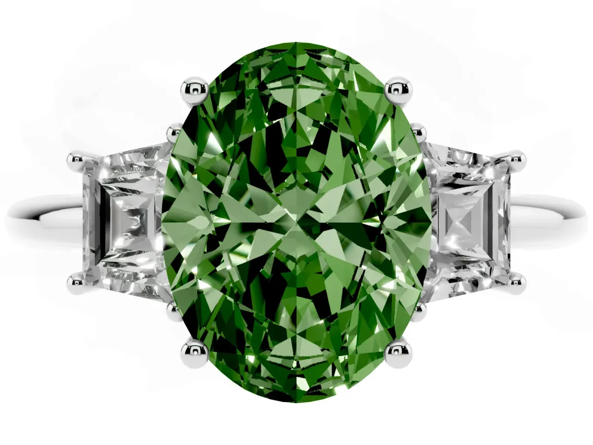 Fancy Green Oval Cut Diamond Three-Stone Ring with Trapezoid Side Stones and Prong Setting Platinum