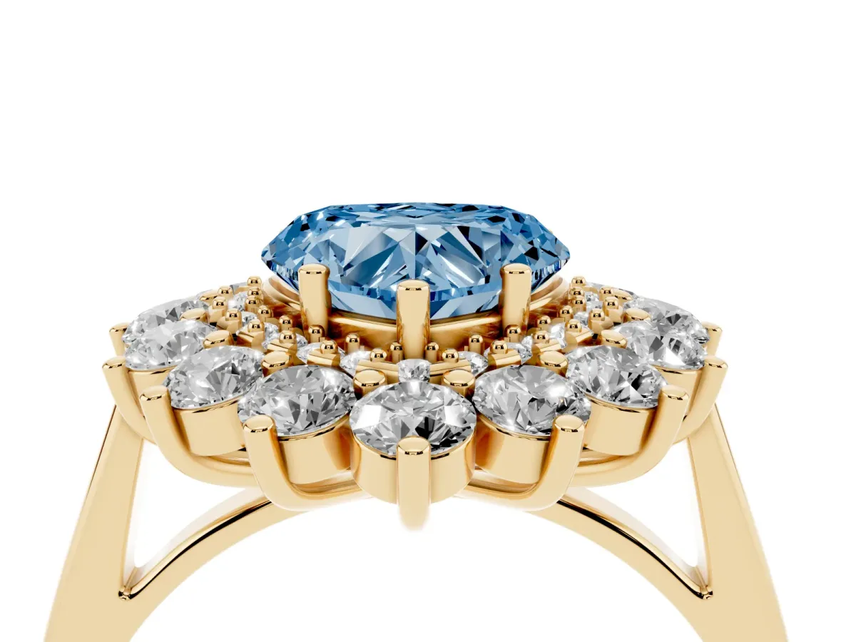 Fancy Blue Heart Cut Diamond Floral Double Halo Engagement Ring with Prong Setting Yellow gold