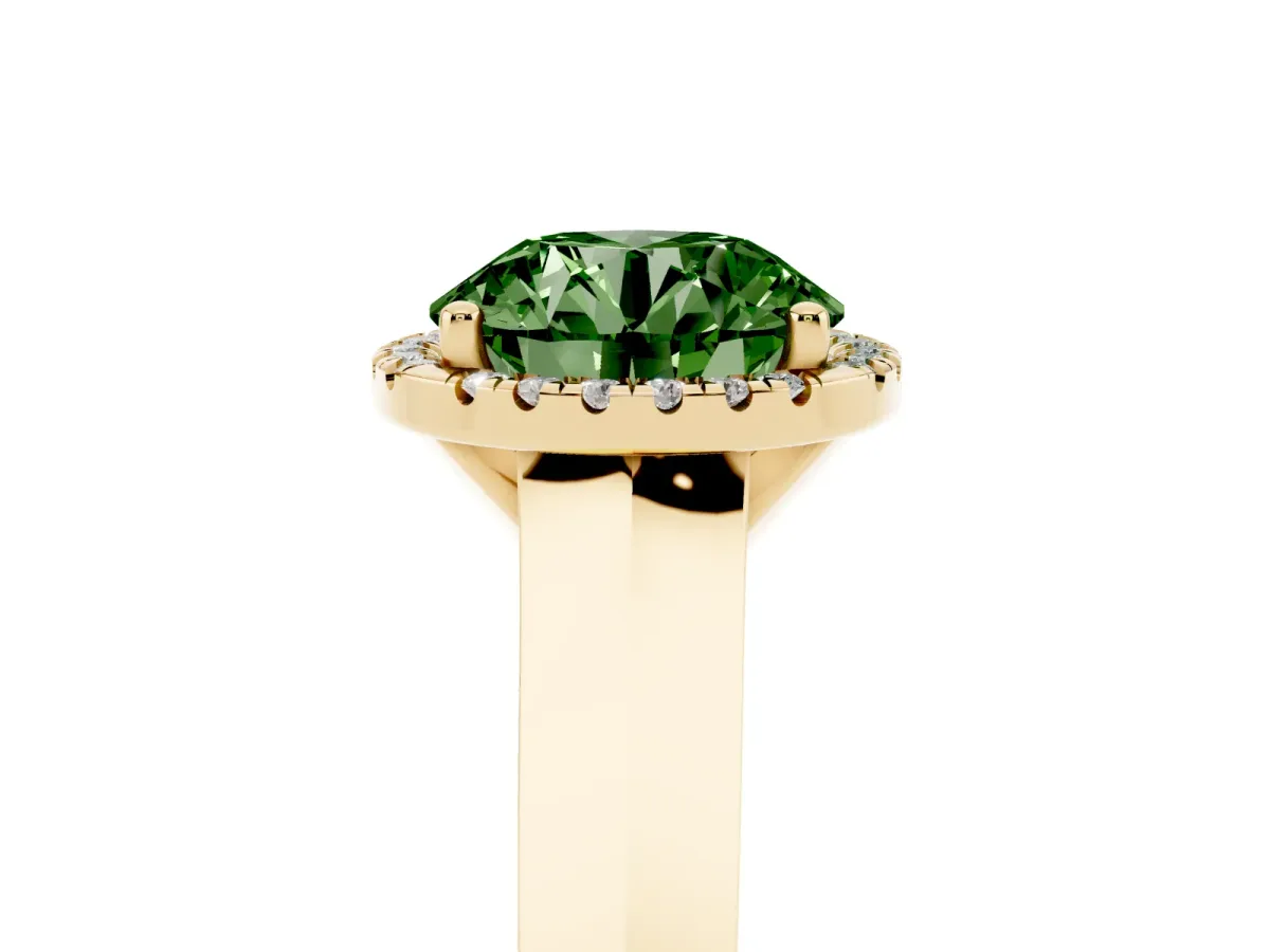 Fancy Green Round Cut Halo Diamond Ring with Cathedral Band and Four-Prong Setting Yellow gold