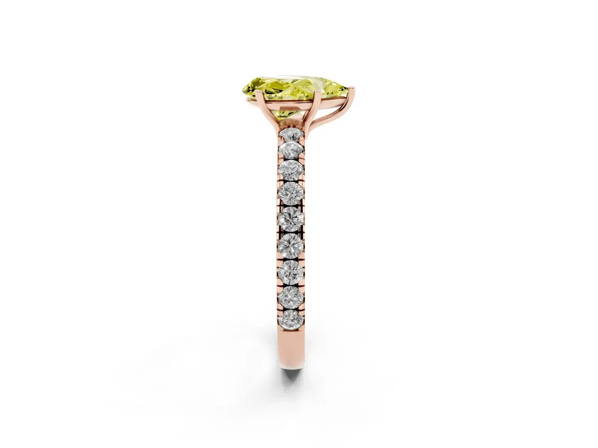 Fancy Yellow Pear Cut Diamond Pavé Solitaire Engagement Ring with Four-Prong Setting Rose gold