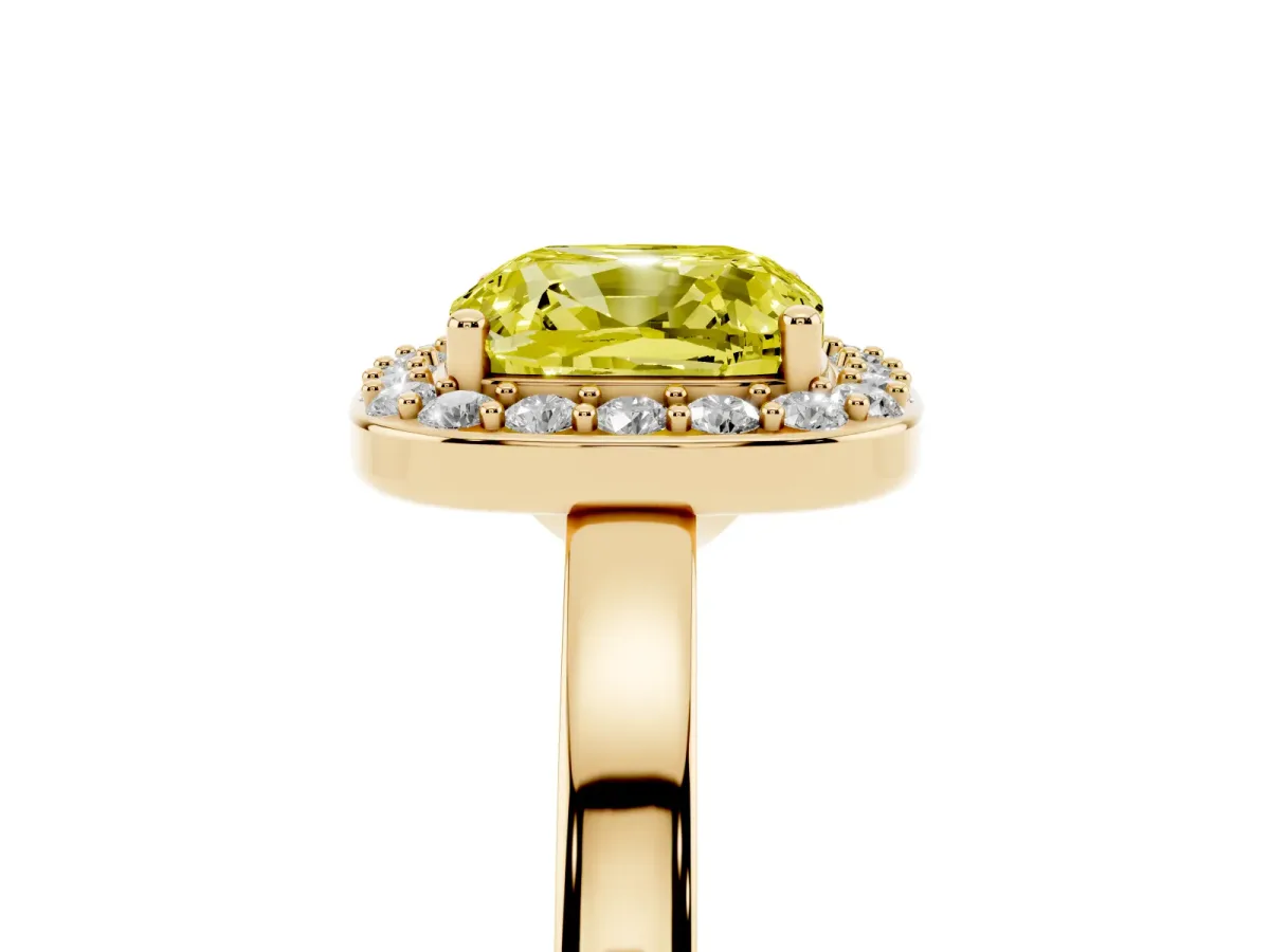 Fancy Yellow Cushion Cut Halo Diamond Ring with Solitaire Band and Prong Setting Yellow gold