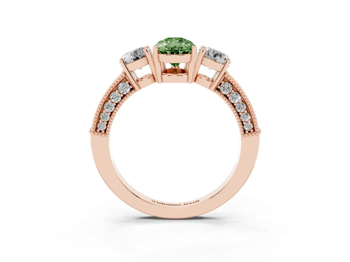 Fancy Green Pear Cut Three-Stone Diamond Ring with Pavé Band and Four-Prong Setting Rose gold