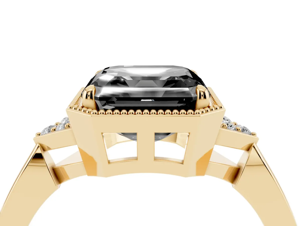 Fancy Black Hexagonal Halo Asscher Cut Diamond Solitaire with Pavé Band and Four-Prong Setting Yellow gold