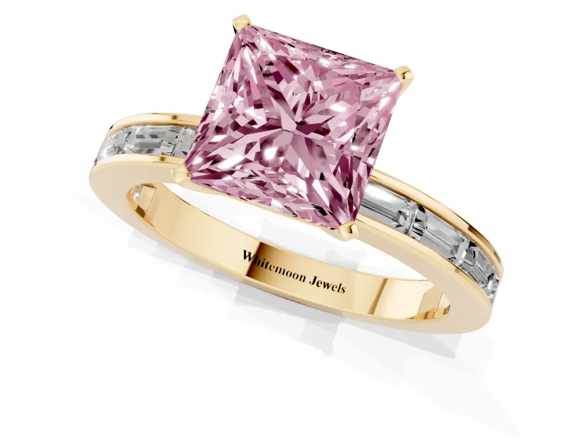 Fancy Pink Princess Cut Solitaire Diamond Ring with Channel-Set Baguette Band and Four-Prong Setting Yellow gold